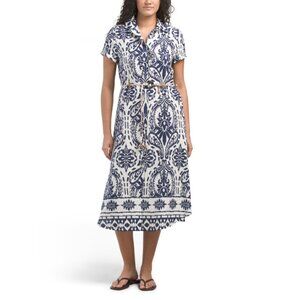 FRANCESCA BETTI Italy Linen Blend Short Sleeve Maxi Dress With Rope Belt